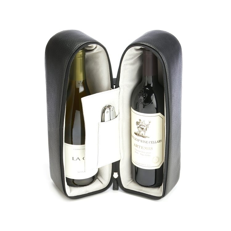 Wine Carrier Black Pebbled Integrated Tool Pocket Modern Case