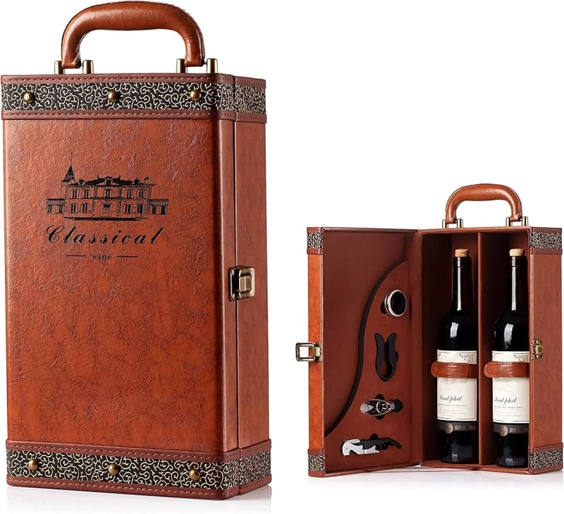 Wine Carrier Box Scrollwork Borders Cognac Vintage Leather Style