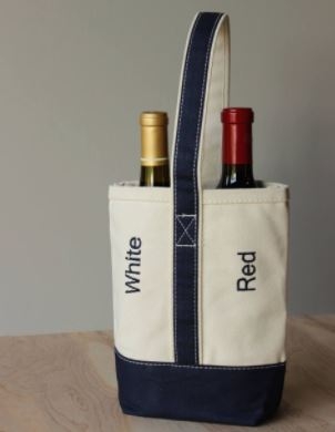 Wine Carrier Canvas Fabric Text Labels Navy Preppy Tote Bag