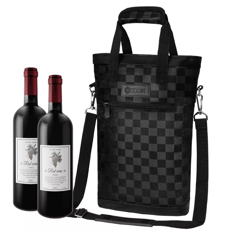 Wine Carrier Checkered Pattern Charcoal Insulated Tote Bag