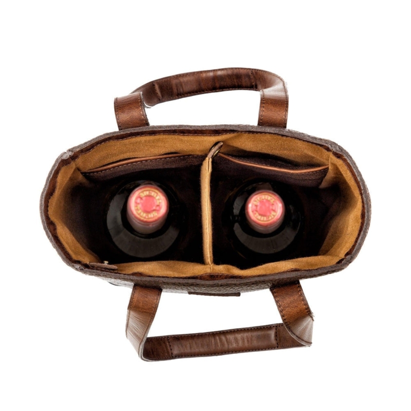 Wine Carrier Chocolate Leather Suede-Like Lining Rustic Tote