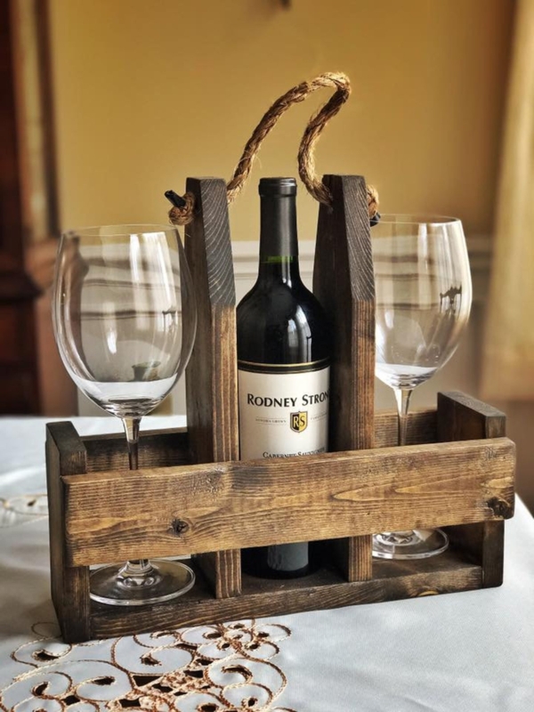 Wine Carrier: Distressed Dark Brown Wood with Thick Rope Handle.