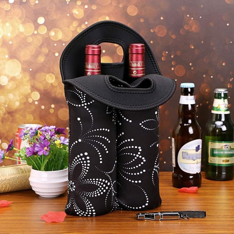 Wine Carrier Floral Pattern Black Neoprene Insulated Tote