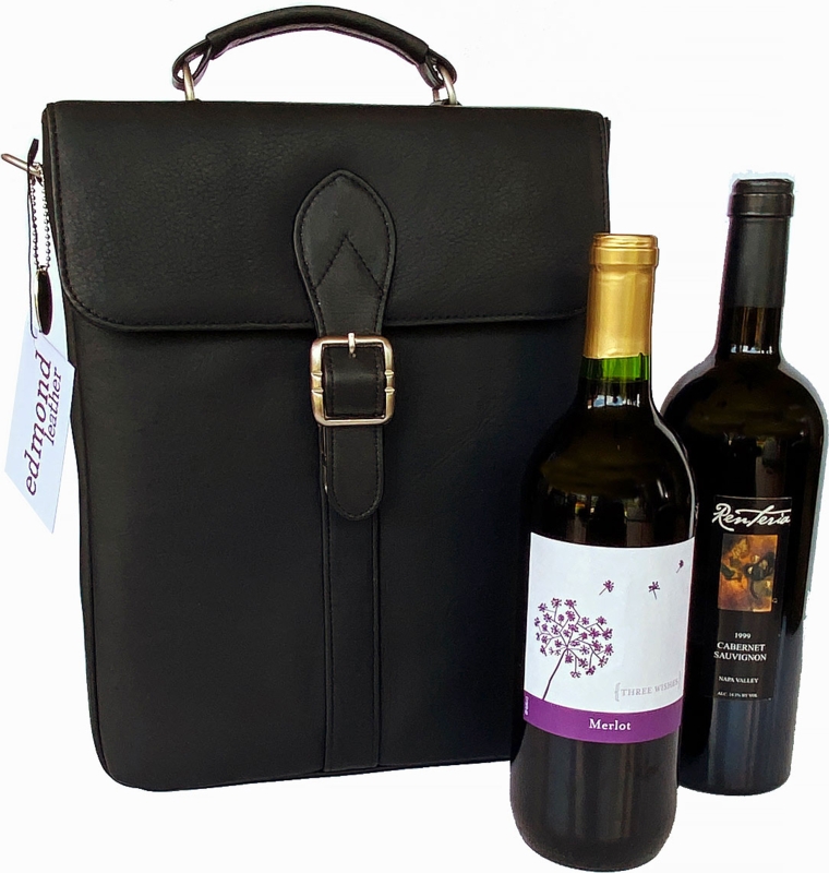 Wine Carrier Matte Black Leather-Like Buckle Strap Closure
