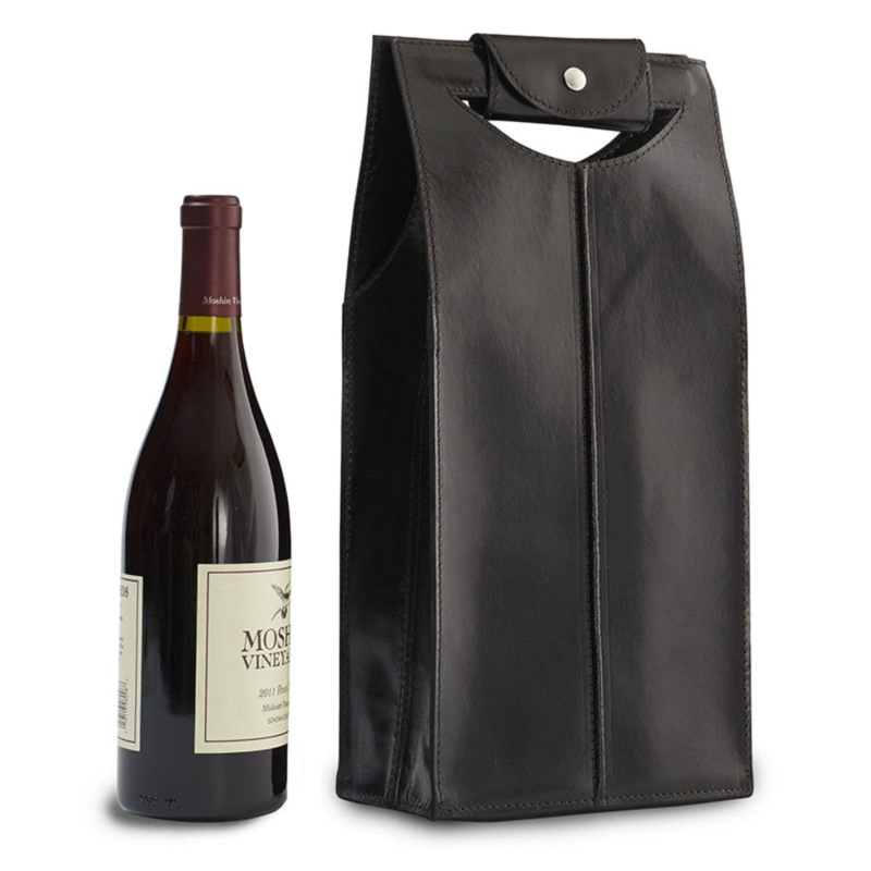 Wine Carrier Midnight Black Snap Handle Minimalist Leather Tote