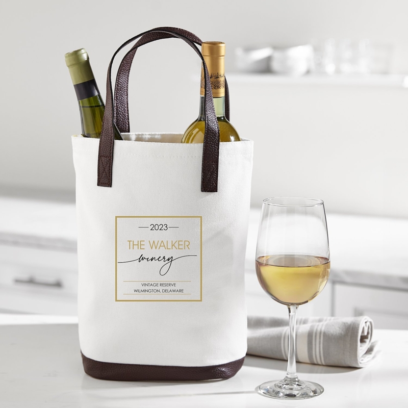 Wine Carrier Personalized Graphic Canvas Pebbled Trim Farmhouse