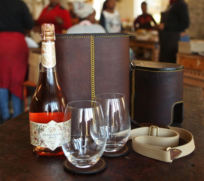 Wine Carrier Set: Chocolate Leather-Like with Stemless Glasses.