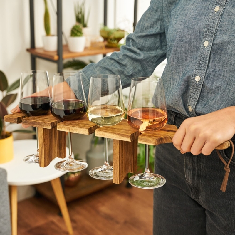 Wine Carrier: Walnut Wood-Toned with Stemware Suspension Slots.
