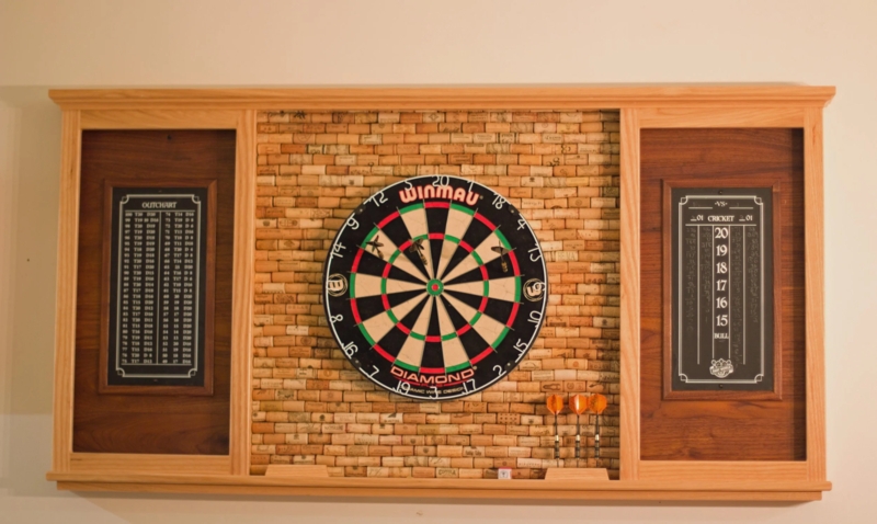 Wine Cork Dartboard Backboard Cabinet with Dual-Tone Wood Finish