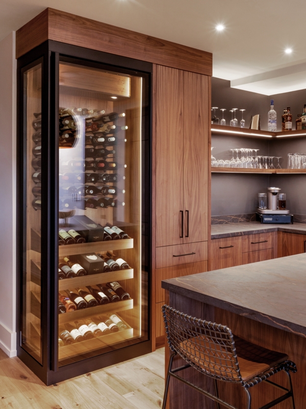 Wine Display Cabinet Walnut Cabinetry Illuminated Wall Floor To Ceiling