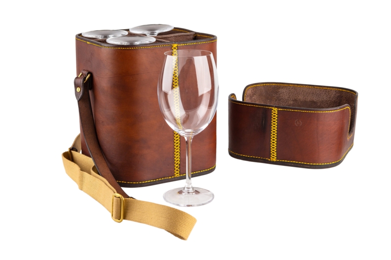 Wine Glass Carrier: Chestnut Leather-Like with Yellow Cross-Stitching.