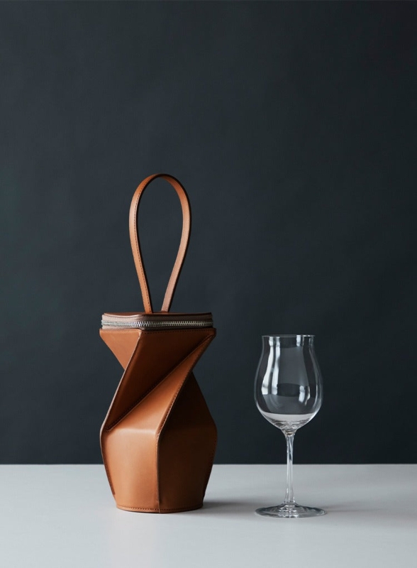 Wine Glass Carrier: Cognac Leather with Twisted Geometric Silhouette.