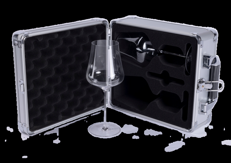 Wine Glass Carrier: Ribbed Metal Hardshell with Custom Foam Inserts.