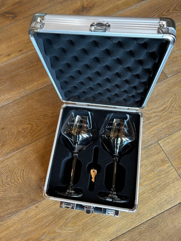Wine Glass Carrier: Silver Metallic Frame with Custom Foam Cutouts.