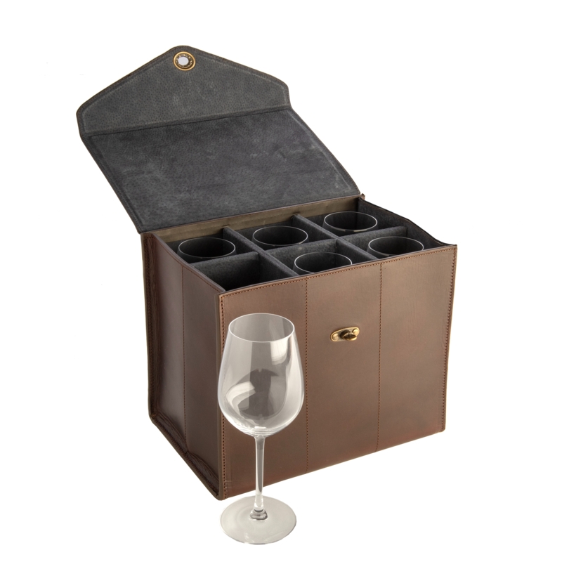 Wine Glass Case: Cognac Leather-Like, Six Compartments & Charcoal Lining.