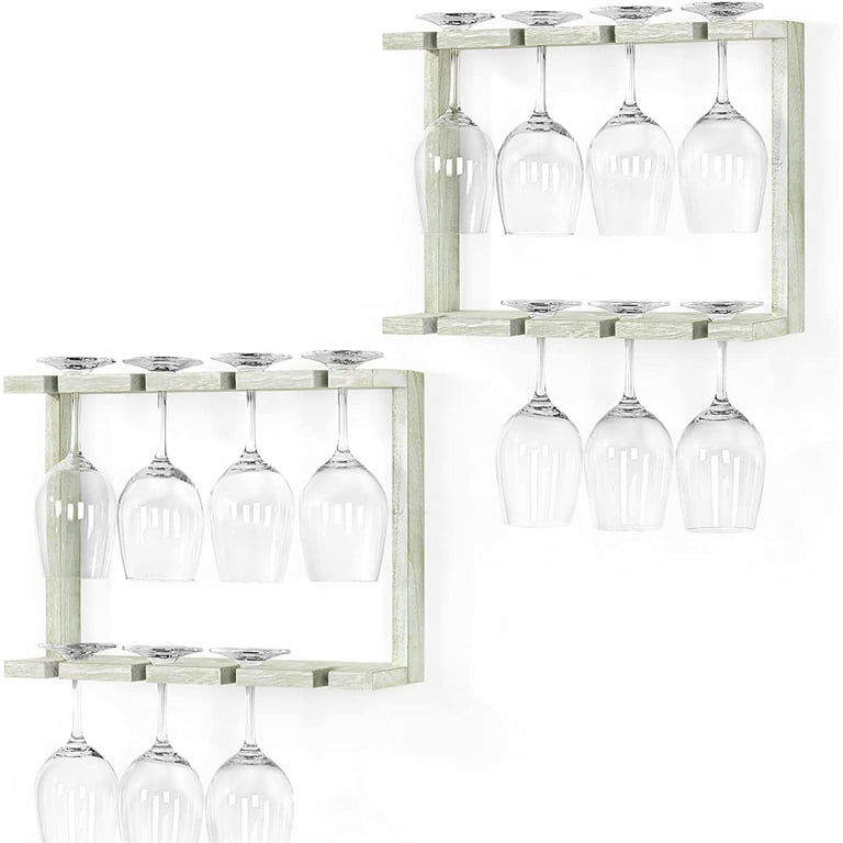 Wine Glass Rack Gray Green Finish Two-Tier Design Farmhouse Shelf