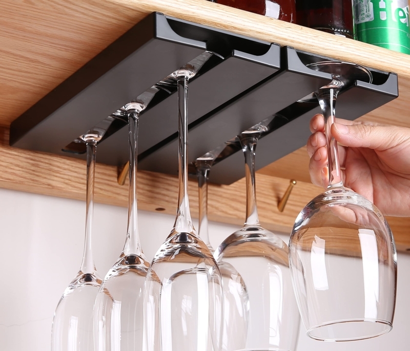 Wine Glass Rack Matte Black Under Shelf Mount Dual Track Plastic