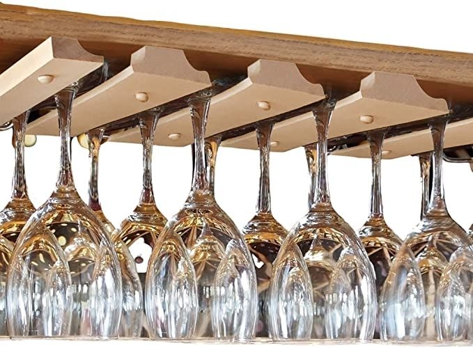 Wine Glass Rack Natural Wood Tapered Slat Profile Under Shelf Mount
