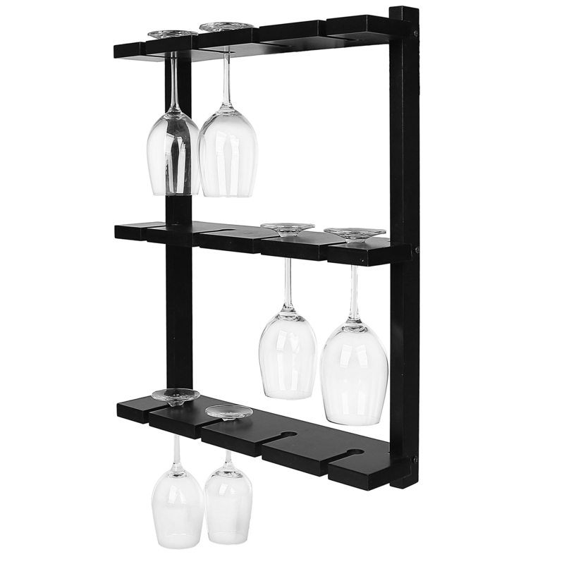 Wine Glass Rack Three-Tier Matte Black Wood 3 Tier Glass Organizer