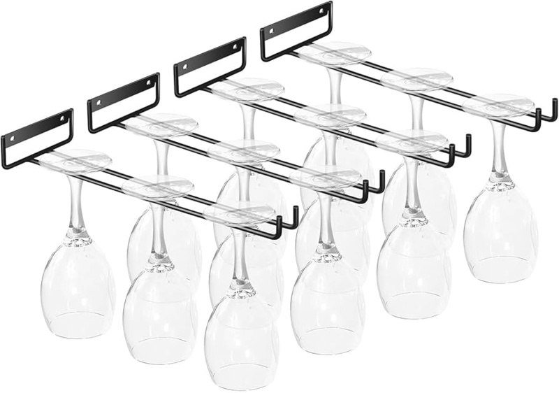 Wine Glass Rack Under Cabinet Mount Hooked Ends Matte Black Holder