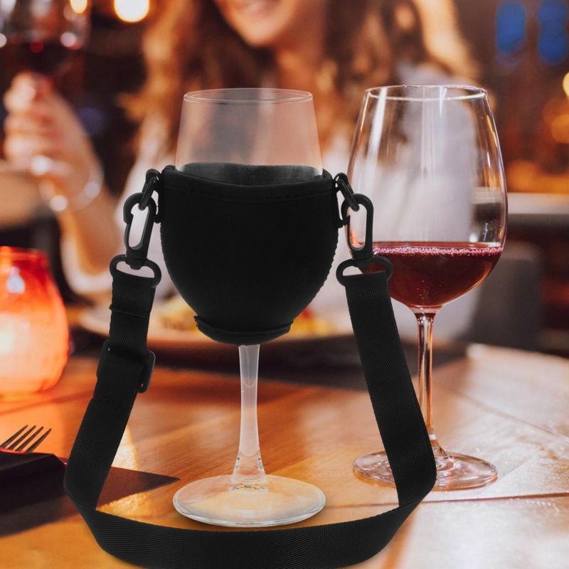 Wine Glass Sleeve: Matte Black Neoprene-Like, Adjustable Neck Strap.