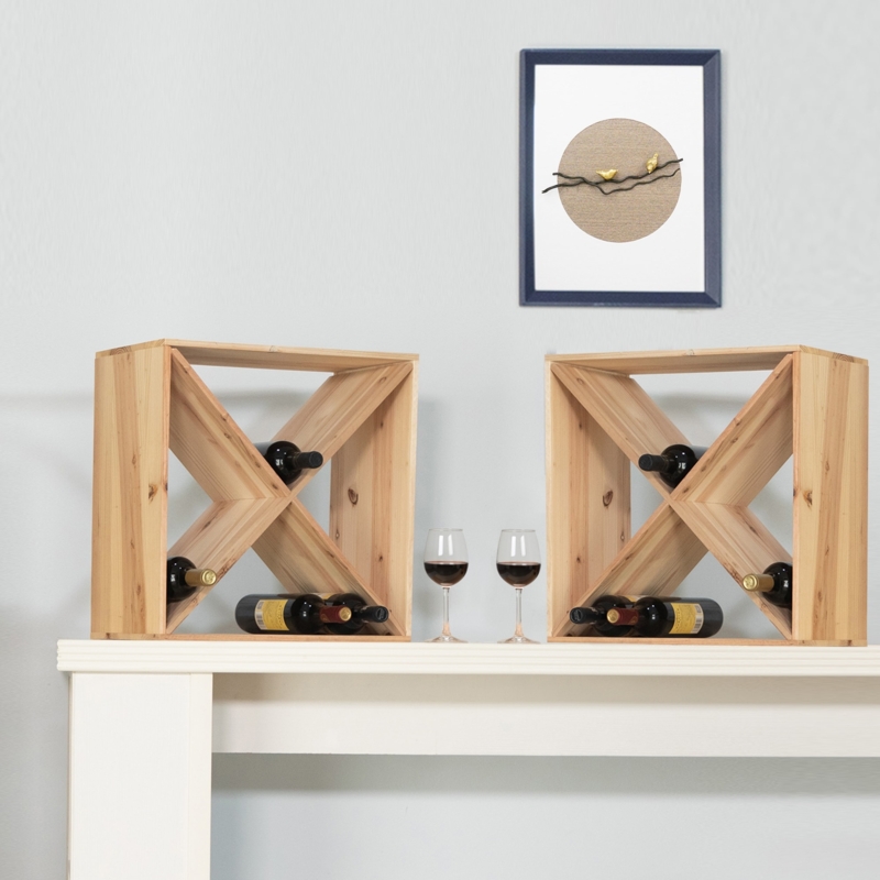 Wine Rack Cube Set with Natural Wood Grain and X-Frame Divider.