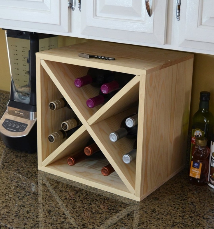 Wine Rack Cube with X-Divider, Light Wood Under Cabinet Storage.