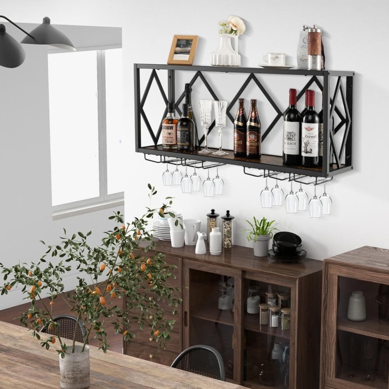 Wine Rack: Diamond Lattice Back with Geometric Frame.