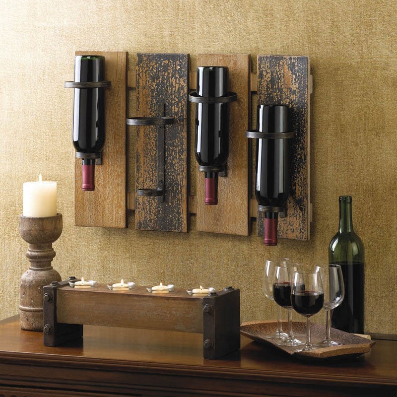 Wine Rack: Distressed Wood Slats with Inverted Bottle Design.