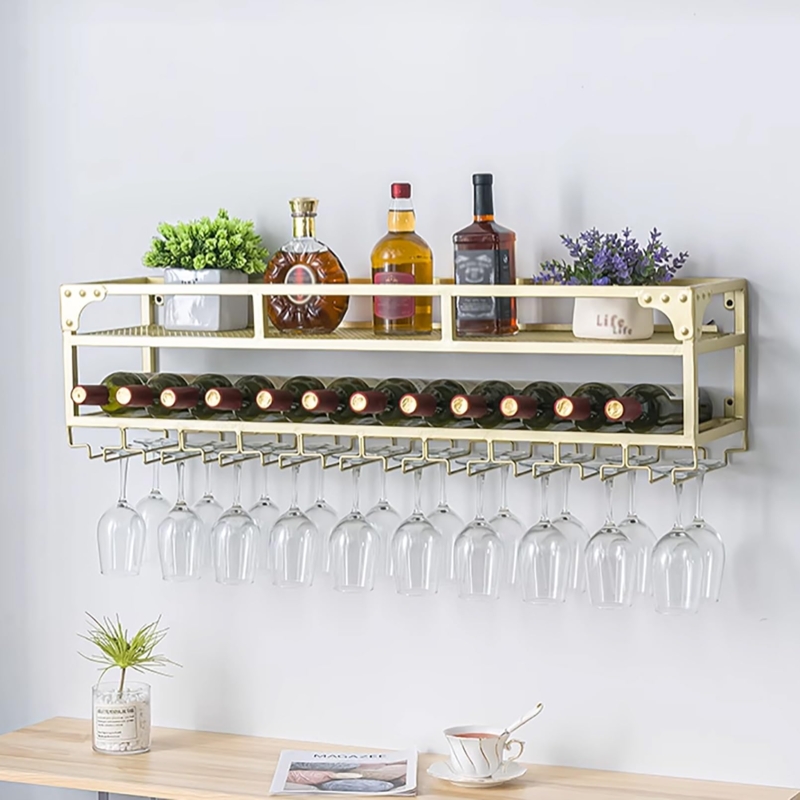 Wine Rack Gold Metal Frame Rivet Accents Two Tier Storage