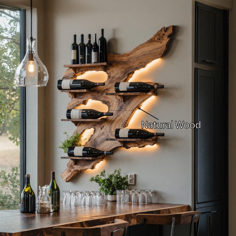 Wine Rack: Live Edge Slab with Integrated Backlighting.