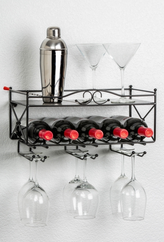 Wine Rack Mesh Shelf Base Scrollwork Detail Black Metal Shelf