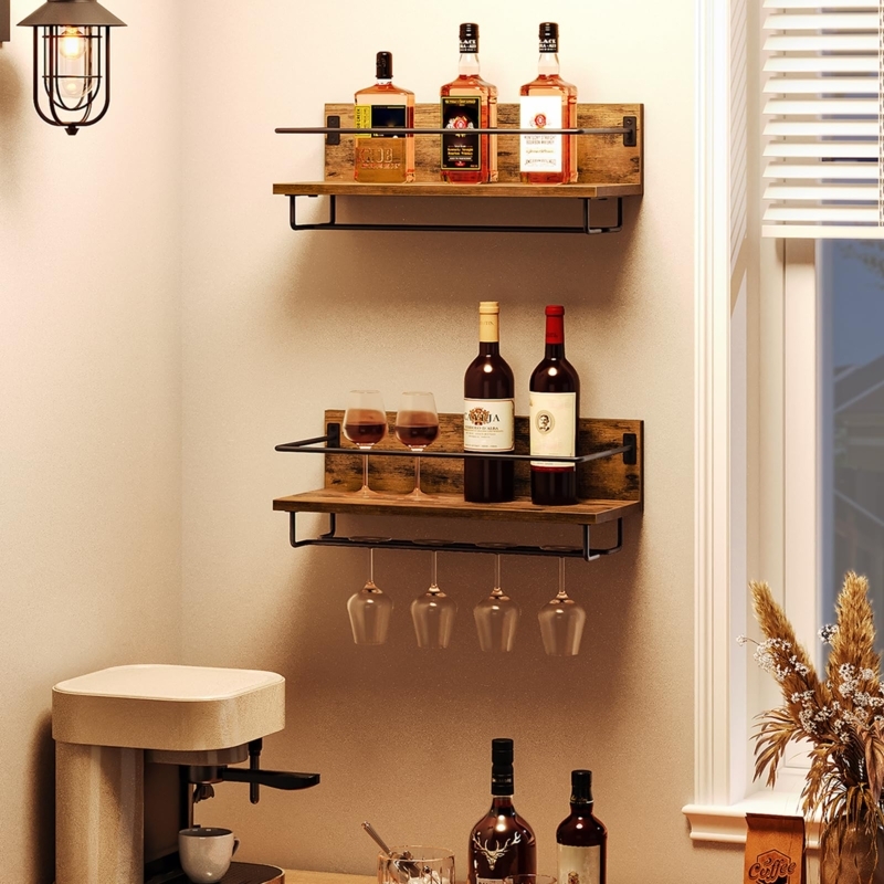 Wine Rack Set: Floating Shelf with Guard Rail and Stemware Holder.