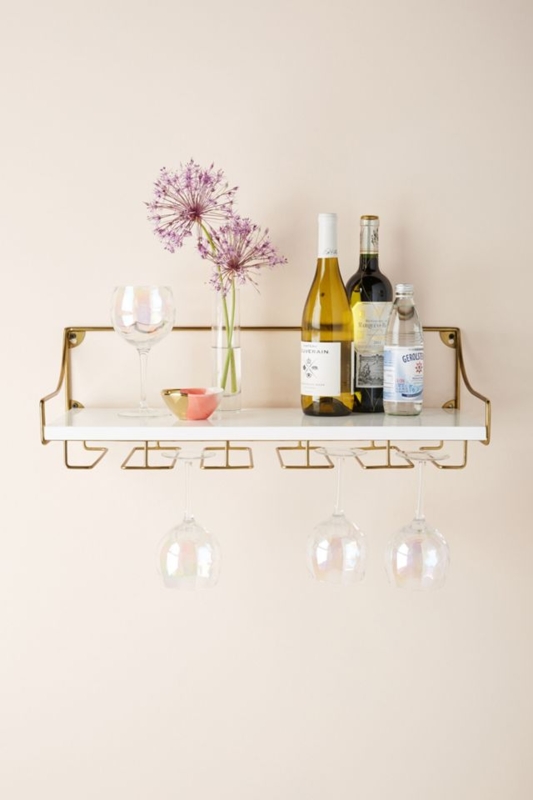 Wine Rack Shelf Brass Wire Frame Crisp White Minimalist Rail