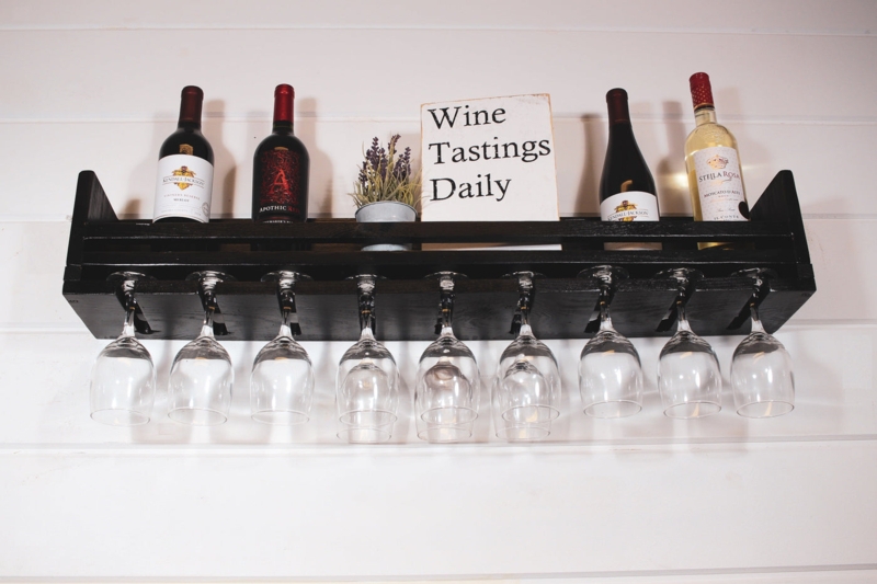 Wine Rack Stemware Hanging Slots Front Safety Bar Satin Black Finish