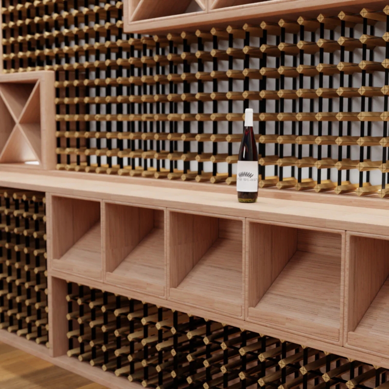 Wine Rack System with Diamond Lattice and Integrated Countertop Ledge.