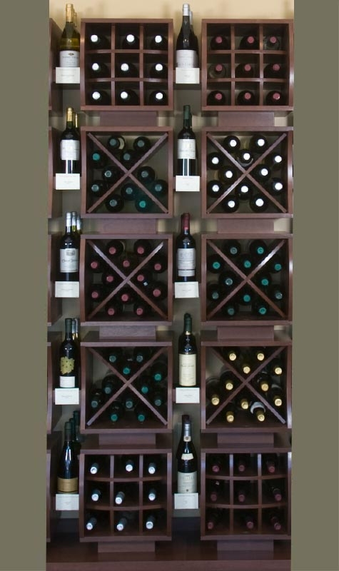 Wine Rack System with Vertical Showcase Columns and X-Bin Dividers.