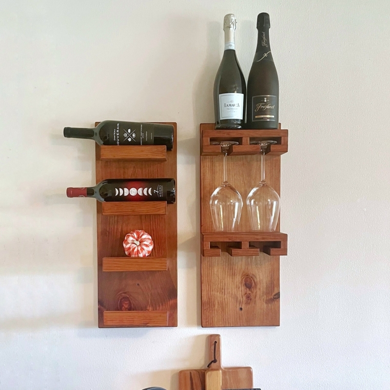 Wine Rack: Tiered Shelves with Stemware Slots and Knotty Wood.