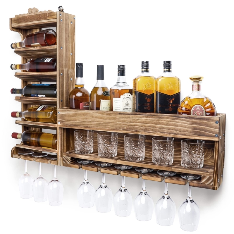 Wine Rack: Torched Wood Finish with Cork Storage and Tumbler Rack.