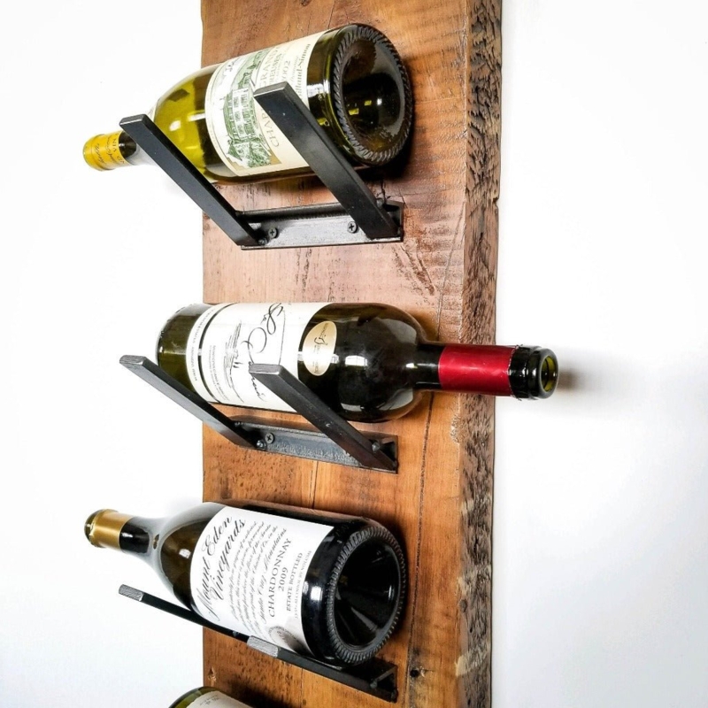 Wine Rack: Vertical Plank with Angled Cradles and Rough Sawn Wood.