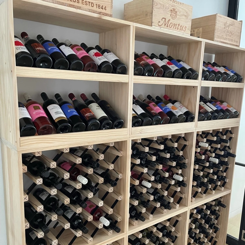 Wine Rack with Angled Display Shelf and X-Lattice Inserts, Natural Pine.