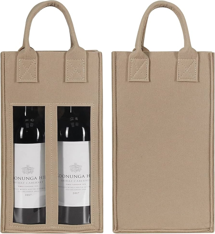 Wine Tote Beige Felt Fabric Clear Viewing Window Minimalist Bag