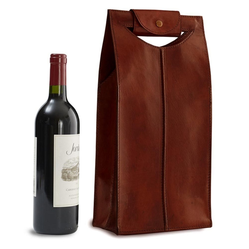 Wine Tote Gusseted Sides Cognac Snap Button Closure Rustic