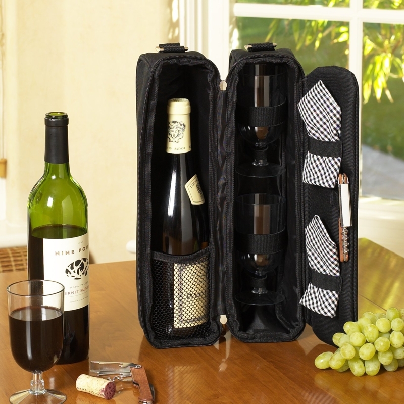 Wine Tote: Insulated Lining, Matte Black Fabric. Portable Wine Picnic Set.