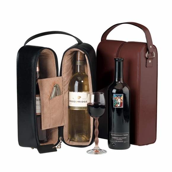 Wine Tote Padded Divider Espresso Leather-Like Travel Bag