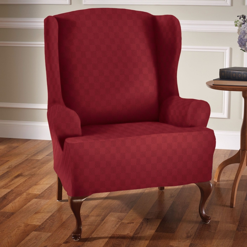 Wing Chair Slipcover Burgundy Red Checkered Textured Fabric