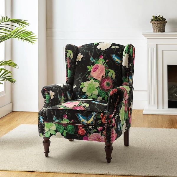 Wingback Accent Chair Black Botanical Butterfly Print Spindle Legs