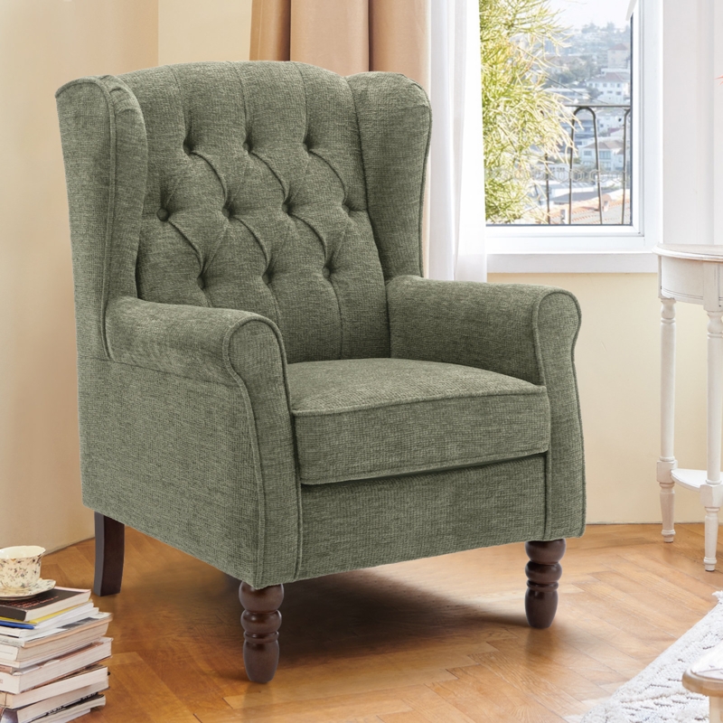 Wingback Accent Chair in Sage Green with Button Tufted Back
