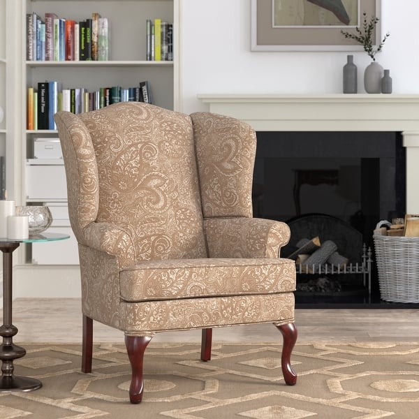 Wingback Accent Chair with Beige Paisley Pattern and Cabriole Legs