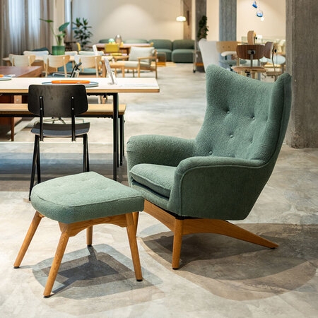 Wingback Armchair and Matching Ottoman in Sage Green Fabric